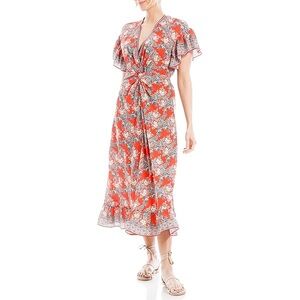 Max Studio Everyday Flutter Sleeve Front Twist V-Neck Floral Print Midi Dress